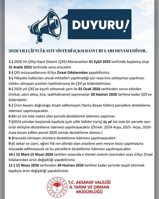 Aksaray’da 2026 Yılı Çiftçi Kayıt Sistemi (ÇKS) Başvuruları Devam Ediyor