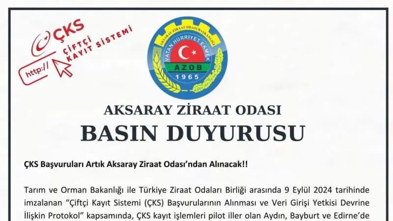 Aksaray’da ÇKS Başvuruları Artık Ziraat Odası’ndan Alınacak
